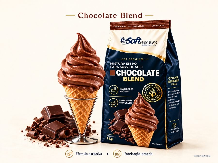 Soft Premium Chocolate Blend: embalagem e sorvete servido