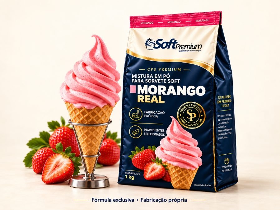 Soft Premium Morango Real: embalagem e sorvete servido