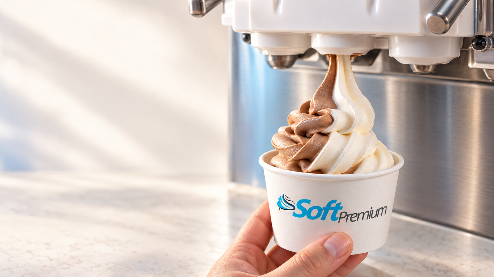 Sorvete soft sendo servido diretamente da máquina em copo Soft Premium.