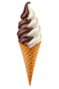 Imagem ilustrativa fotorealista de casquinha de sorvete soft chocolate leitinho com dois sabores
