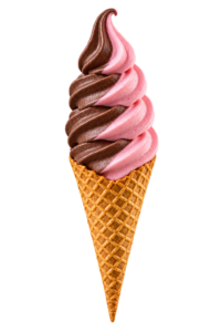 Imagem ilustrativa fotorealista de casquinha de sorvete soft chocolate morango com dois sabores