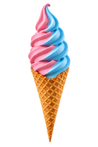Imagem ilustrativa fotorealista de casquinha de sorvete soft morango ceu azul com dois sabores