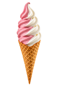 Imagem ilustrativa fotorealista de casquinha de sorvete soft morango leitinho com dois sabores