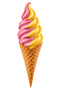 Imagem ilustrativa fotorealista de casquinha de sorvete soft morango maracuja com dois sabores
