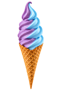 Imagem ilustrativa fotorealista de casquinha de sorvete soft uva ceu azul com dois sabores
