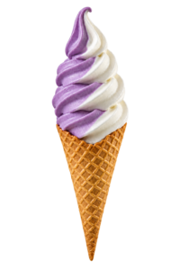 Imagem ilustrativa fotorealista de casquinha de sorvete soft uva leitinho com dois sabores